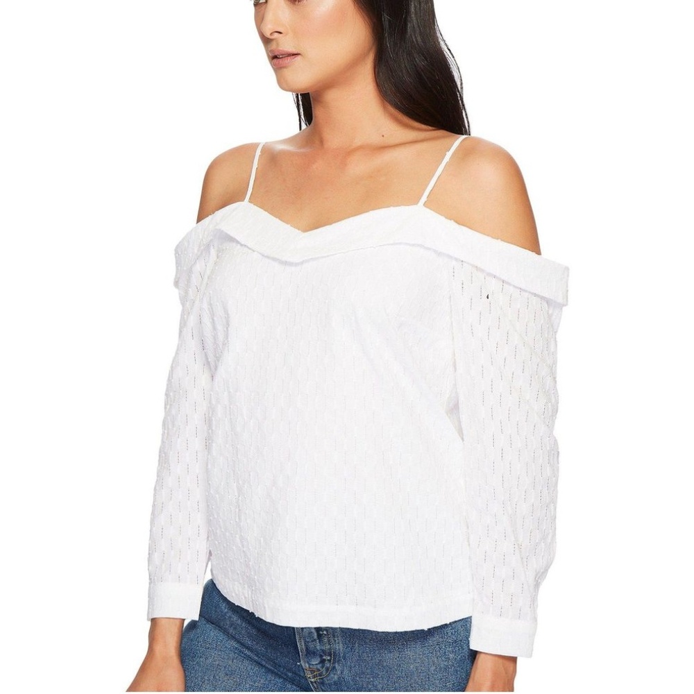 1.STATE Cold Shoulder Cinched V-Neck White Blouse
